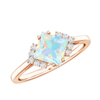 Natural Ethiopian Opal princess cut engagement ring with diamond accents, featuring a rose gold band from Rosec Jewels.