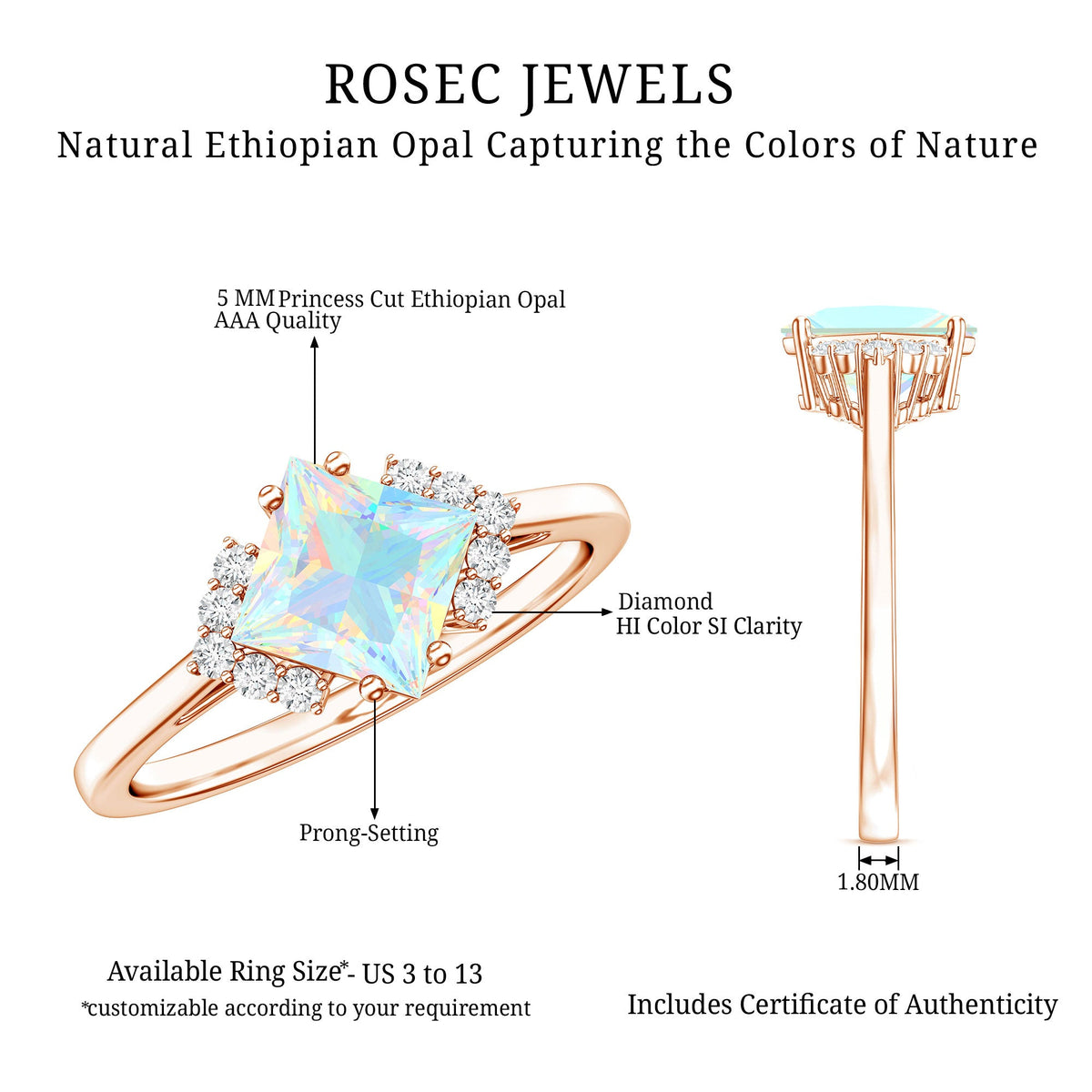 Natural Ethiopian opal princess cut engagement ring with diamond accents, set in a elegant ring from Rosec Jewels.