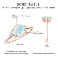 Natural Ethiopian opal princess cut engagement ring with diamond accents, set in a elegant ring from Rosec Jewels.