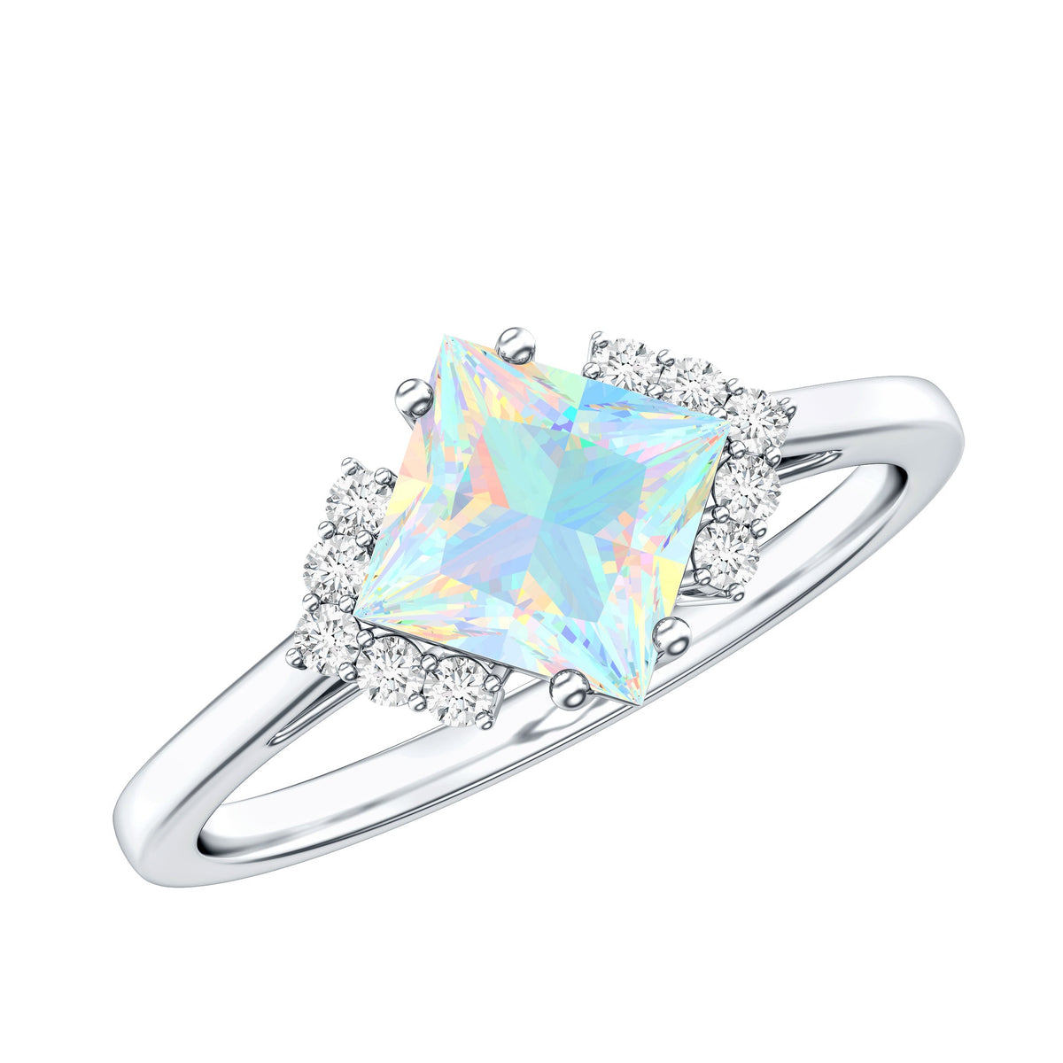 Natural Ethiopian opal princess cut engagement ring with diamond accents, crafted by Rosec Jewels, showcasing the elegant jewelry design.