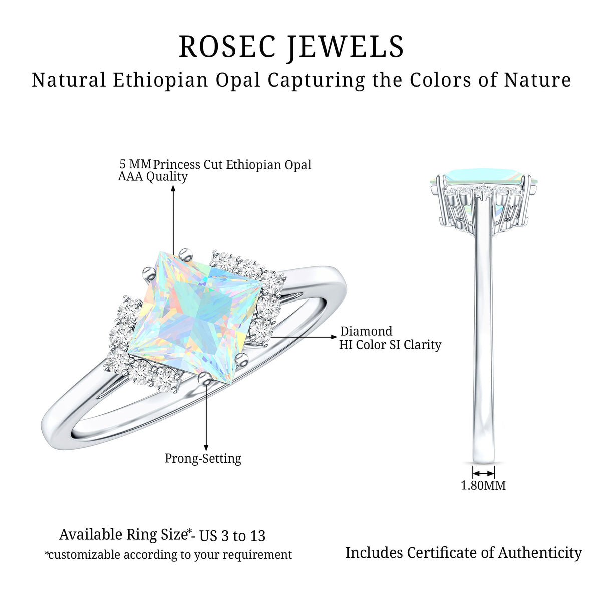 Natural Ethiopian Opal princess cut engagement ring with diamond accents from Rosec Jewels, showcasing the elegant ring design.