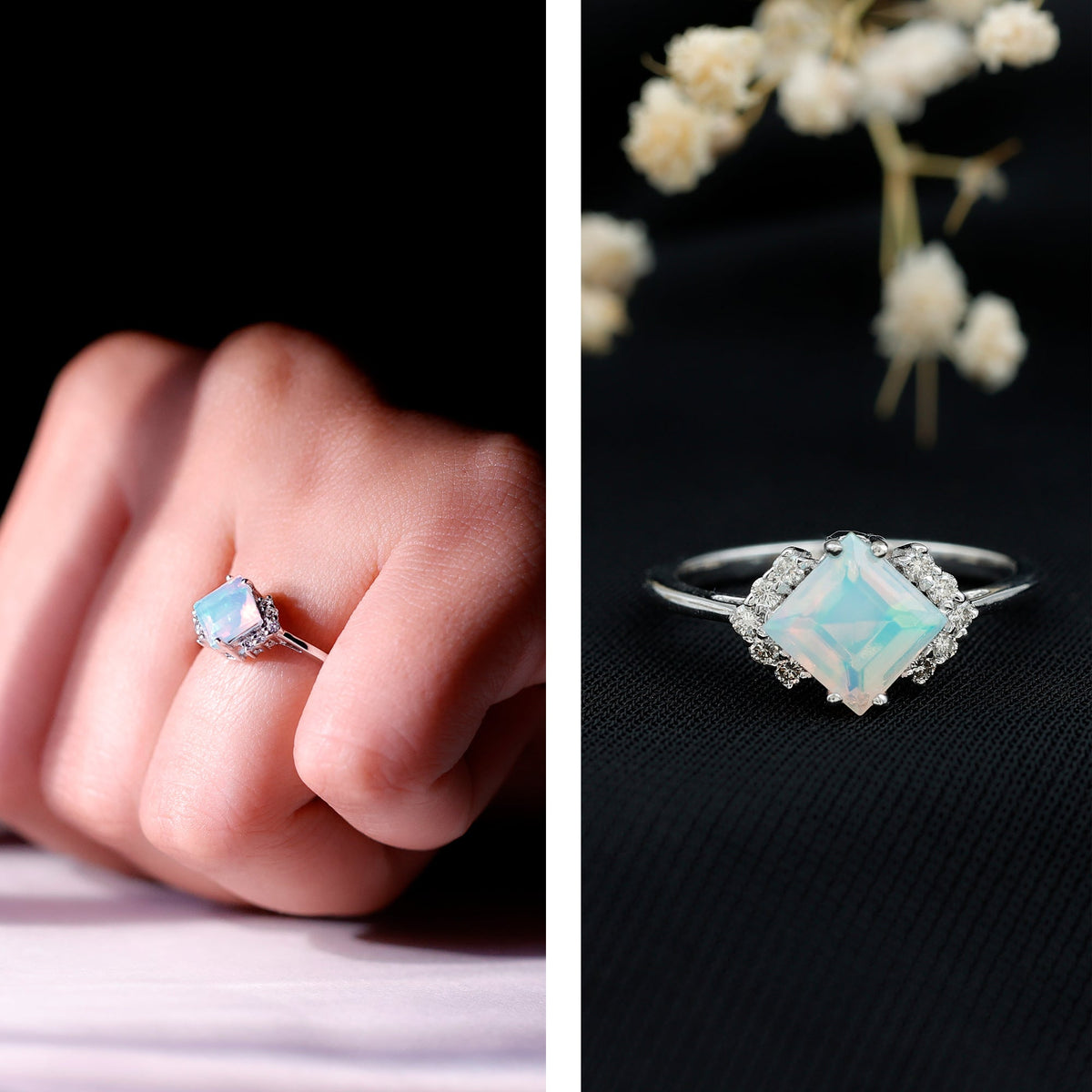Natural Ethiopian opal princess cut engagement ring with diamond accents from Rosec Jewels, showcasing the elegant ring design.