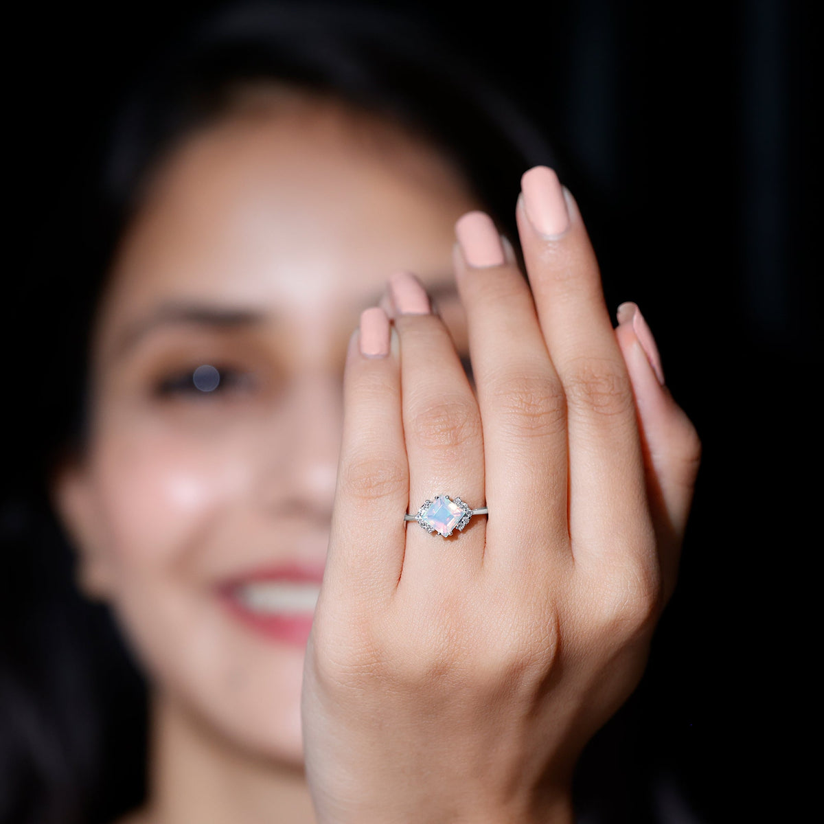 Natural Ethiopian Opal princess cut engagement ring with diamond accent, showcasing a stunning gemstone and elegant design.