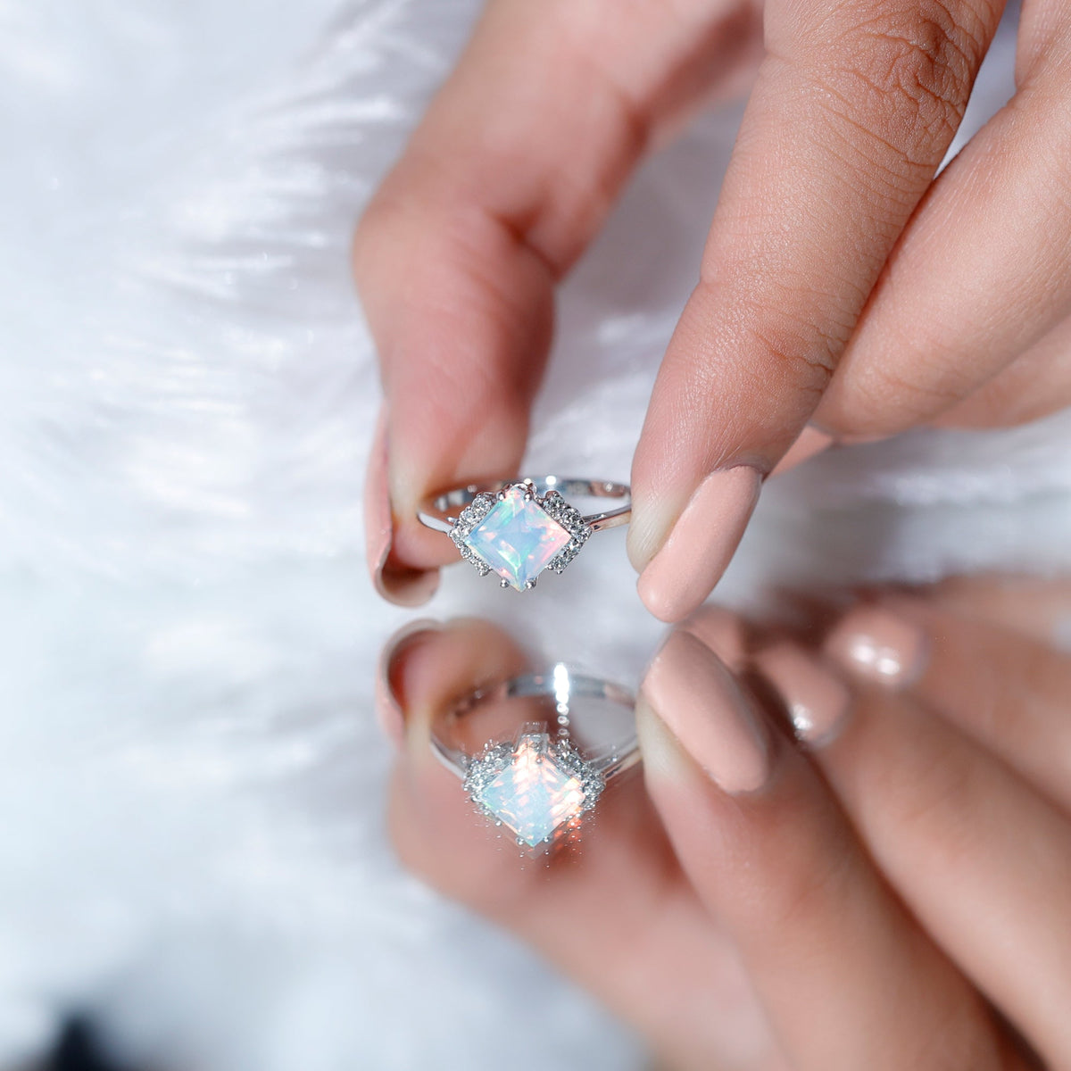 Natural Ethiopian Opal princess cut engagement ring with diamond accents, featuring a Rosec Jewels design on a silver band.