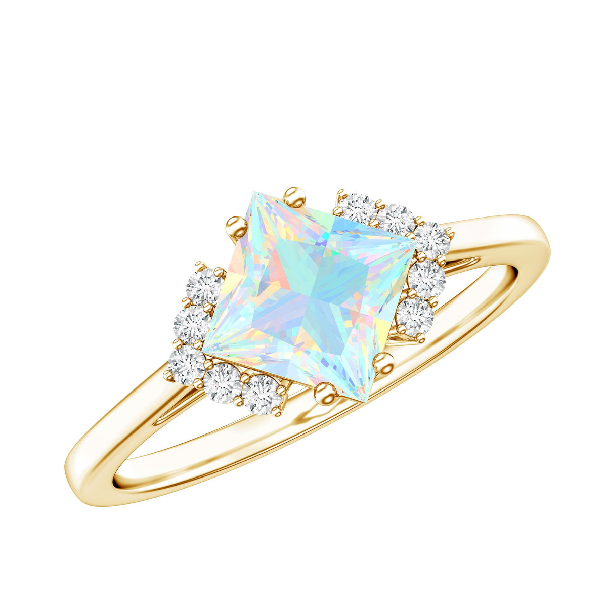 Natural Ethiopian Opal princess cut engagement ring with diamond accents, crafted by Rosec Jewels.
