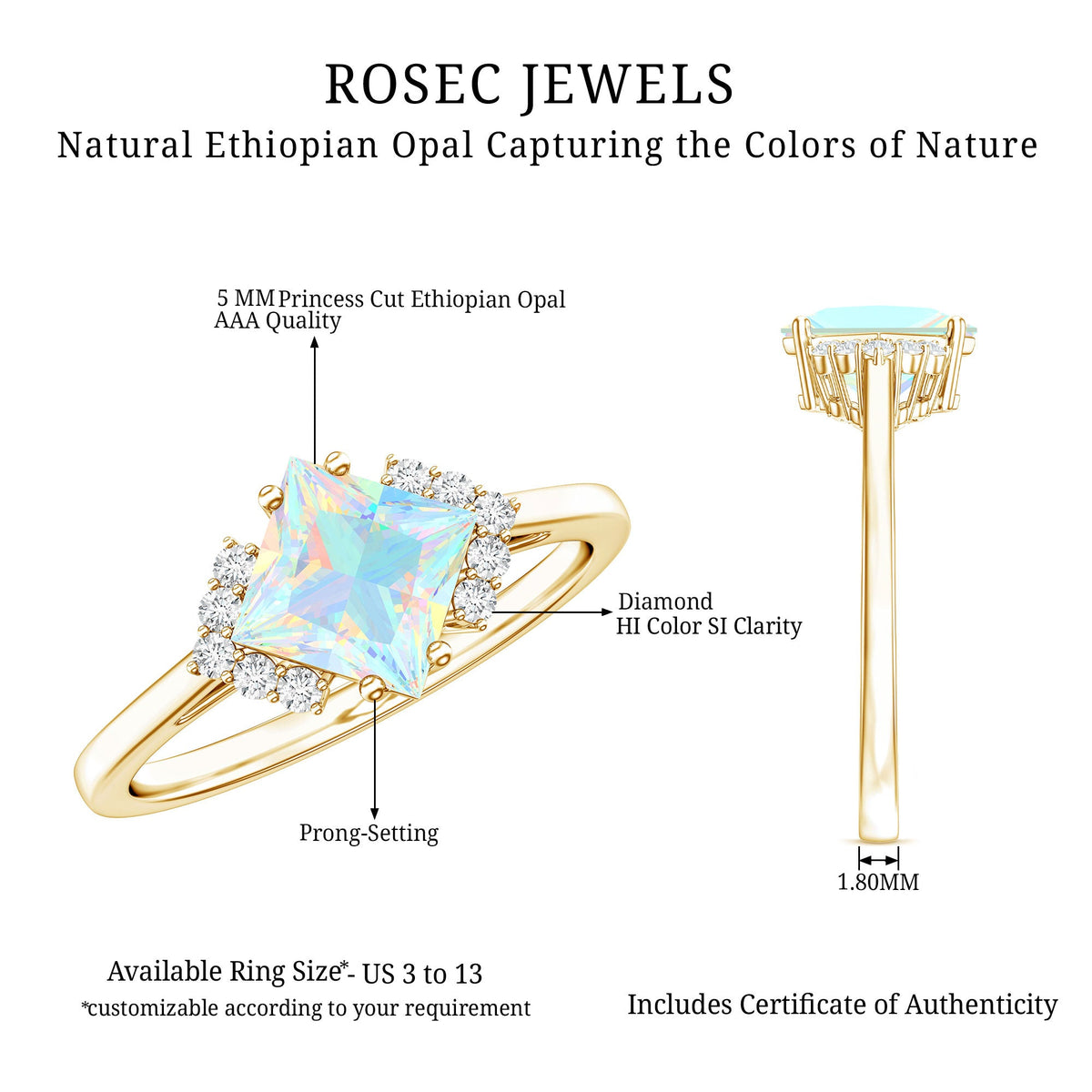 Natural Ethiopian Opal princess cut engagement ring with diamonds, featuring a stunning opal and diamond accents in a elegant ring setting.