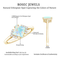 Natural Ethiopian Opal princess cut engagement ring with diamonds, featuring a stunning opal and diamond accents in a elegant ring setting.