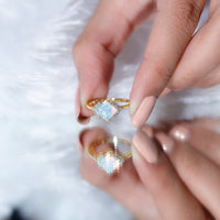 Natural Ethiopian Opal princess cut engagement ring with diamond accents, featuring a rose gold band by Rosec Jewels.