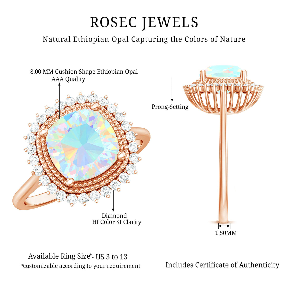 Natural 8mm Cushion Cut Opalescent Vintage Looking Engagement Ring with Diamond Halo