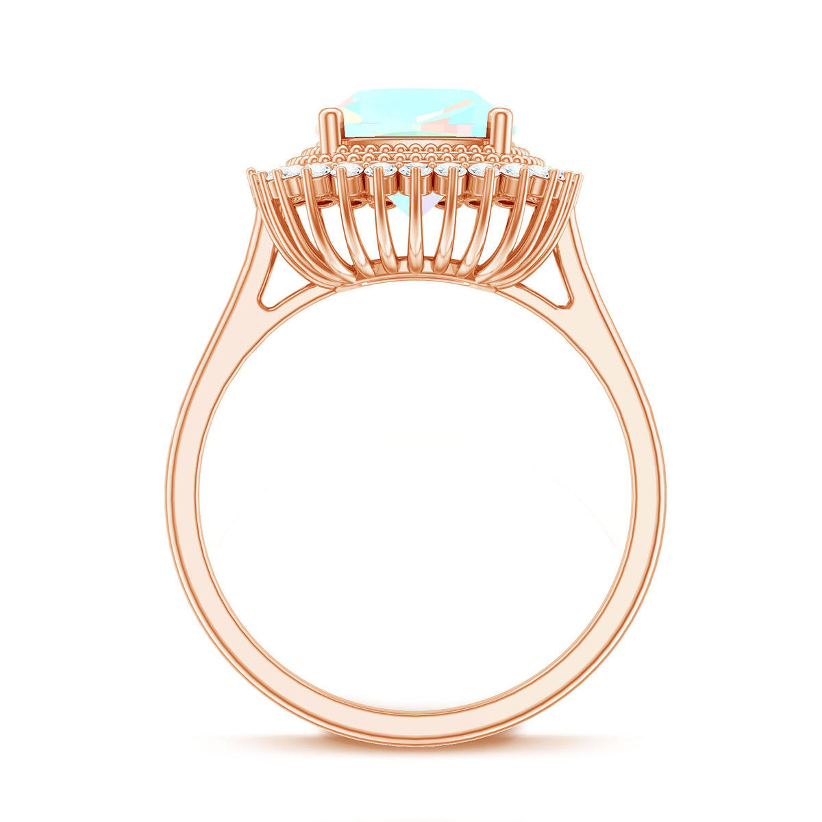 Natural 8mm Cushion Cut Opalescent Vintage Looking Engagement Ring with Diamond Halo