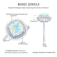 Natural 8mm Cushion Cut Opalescent Vintage Looking Engagement Ring with Diamond Halo