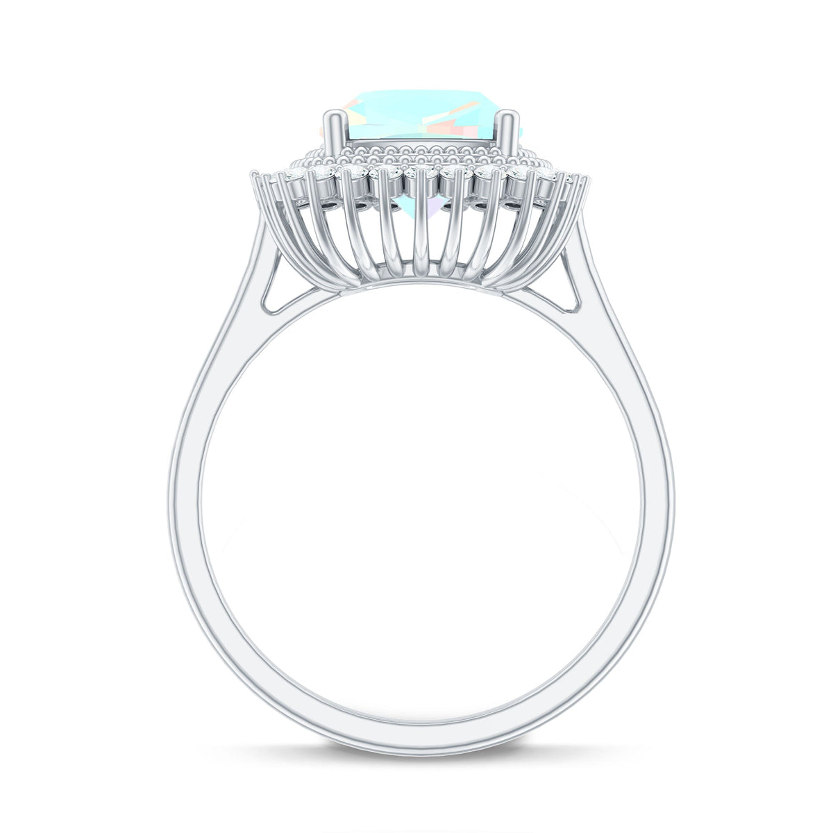 Natural 8mm Cushion Cut Opalescent Vintage Looking Engagement Ring with Diamond Halo