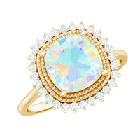 Natural 8mm Cushion Cut Opalescent Vintage Looking Engagement Ring with Diamond Halo