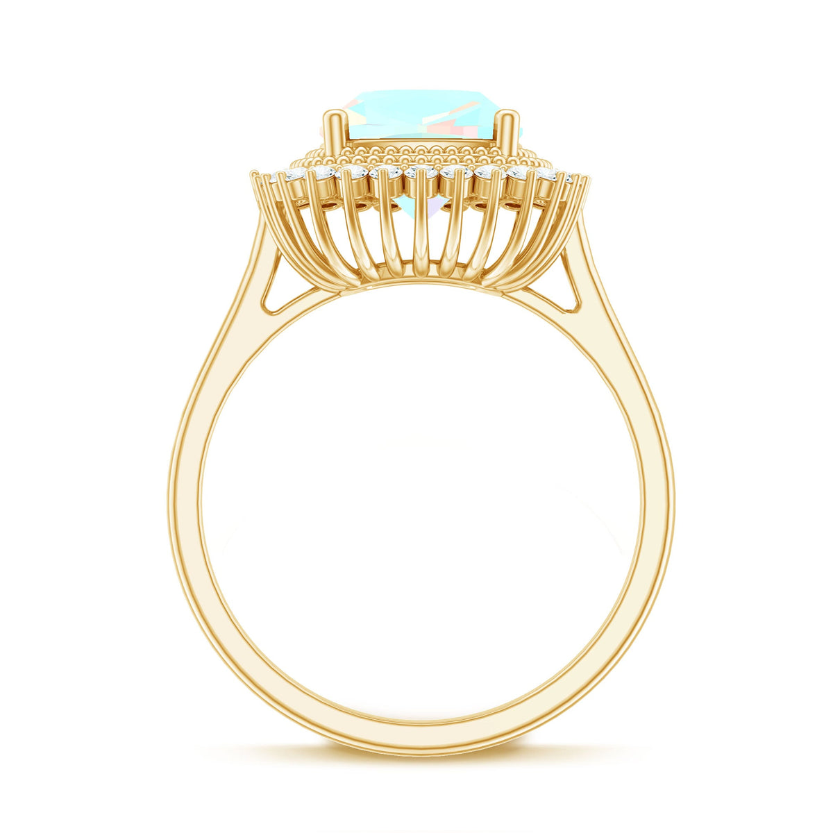 Natural 8mm Cushion Cut Opalescent Vintage Looking Engagement Ring with Diamond Halo