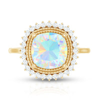 Natural 8mm Cushion Cut Opalescent Vintage Looking Engagement Ring with Diamond Halo
