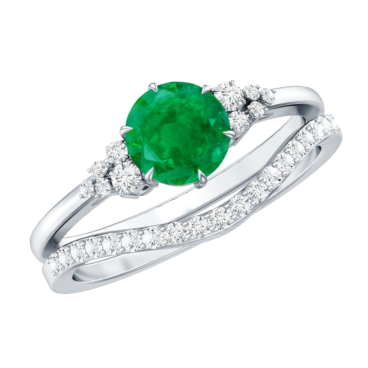 Natural Emerald Diamond Wedding Bridal Ring Set of 2