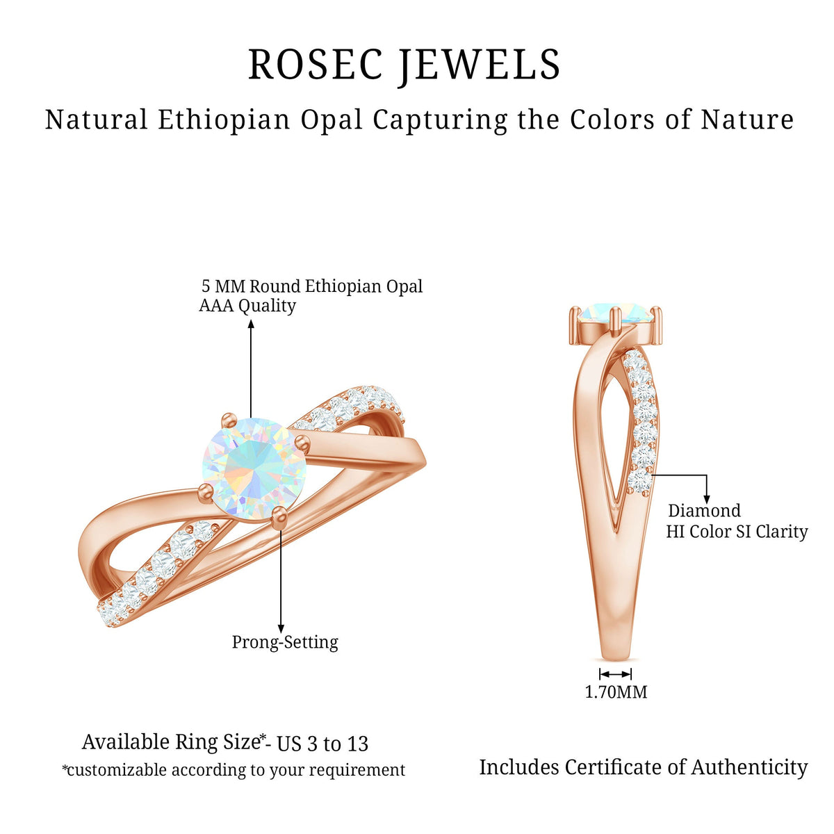 Natural Ethiopian Rainbow Opal diamond engagement ring with twisted shank by Rosec Jewels, showcasing vibrant rainbow colors and intricate design.
