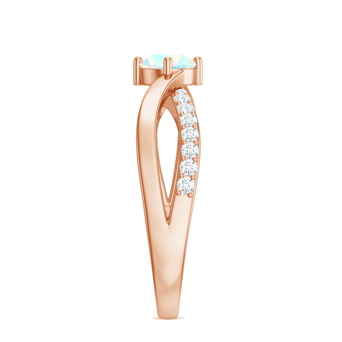 Natural Ethiopian Rainbow Opal diamond engagement ring with twisted shank, featuring colorful opal and sparkling diamonds from Rosec Jewels.