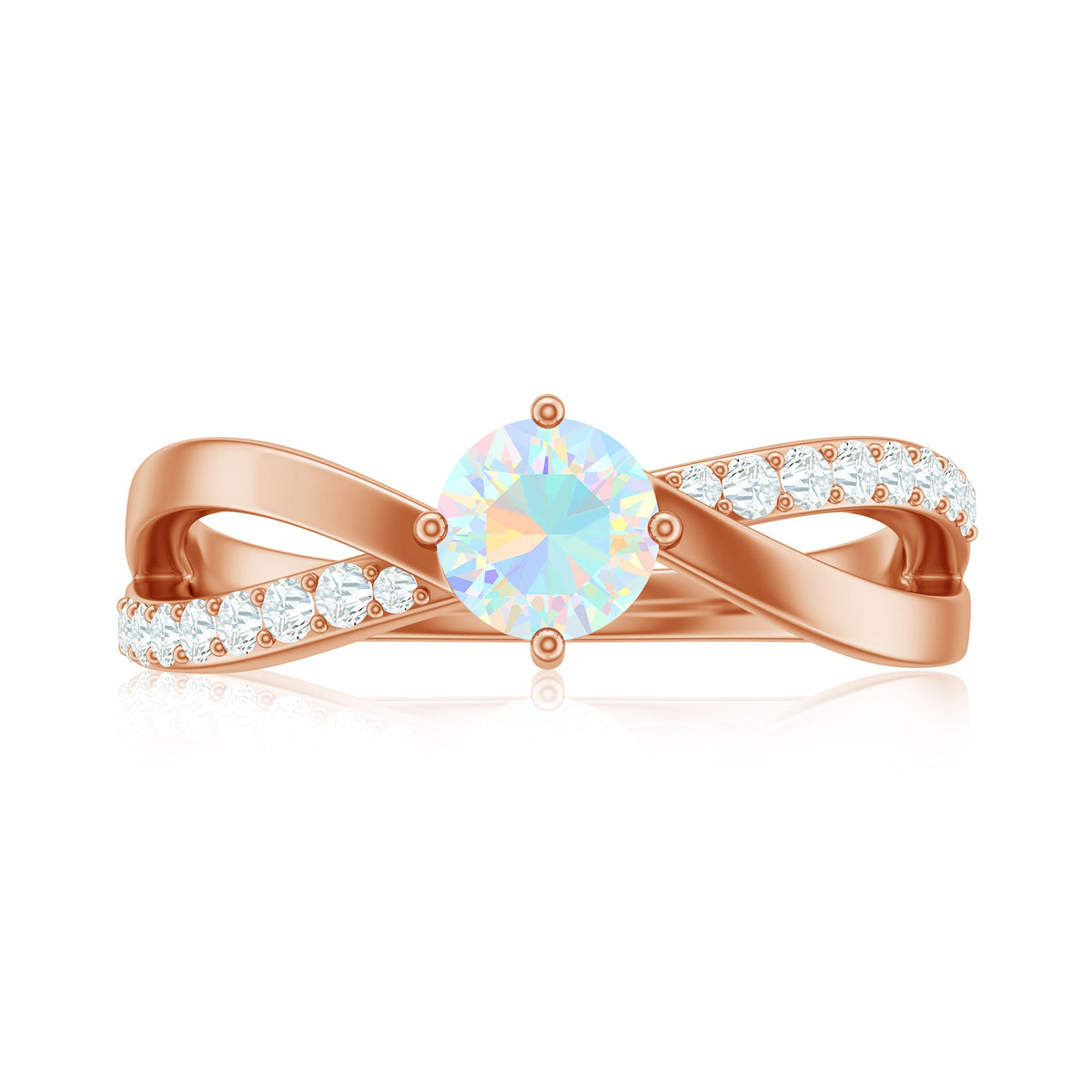 Natural Ethiopian Rainbow Opal diamond engagement ring with twisted shank, showcasing vibrant colors and intricate design from Rosec Jewels.