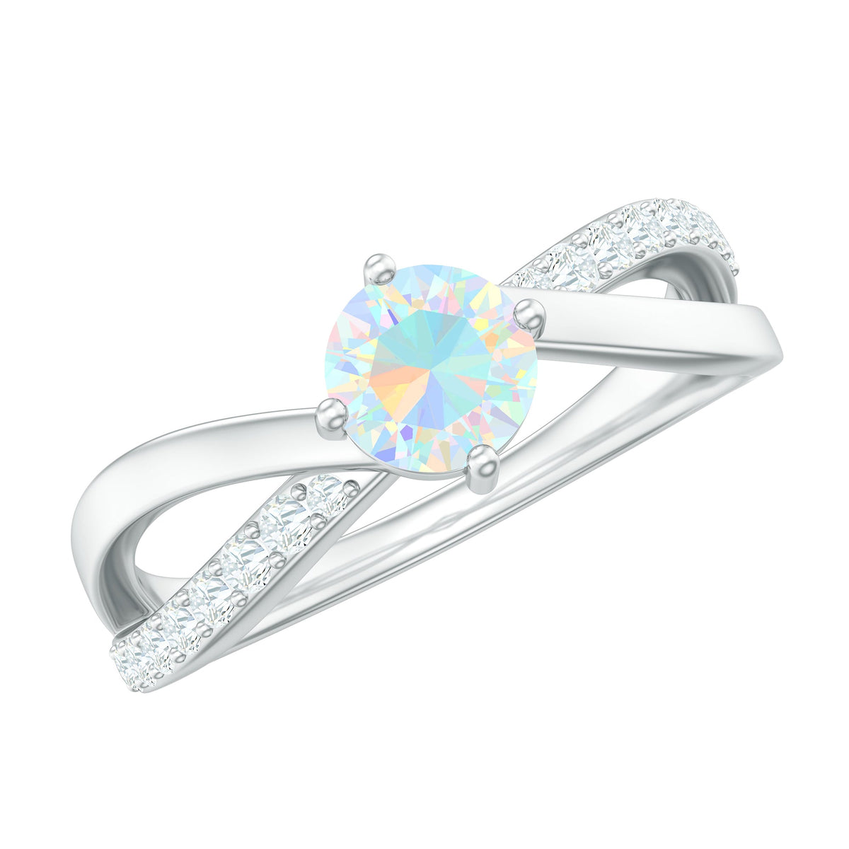 Natural Ethiopian Rainbow Opal diamond engagement ring with twisted shank, showcasing vibrant colors and intricate design.