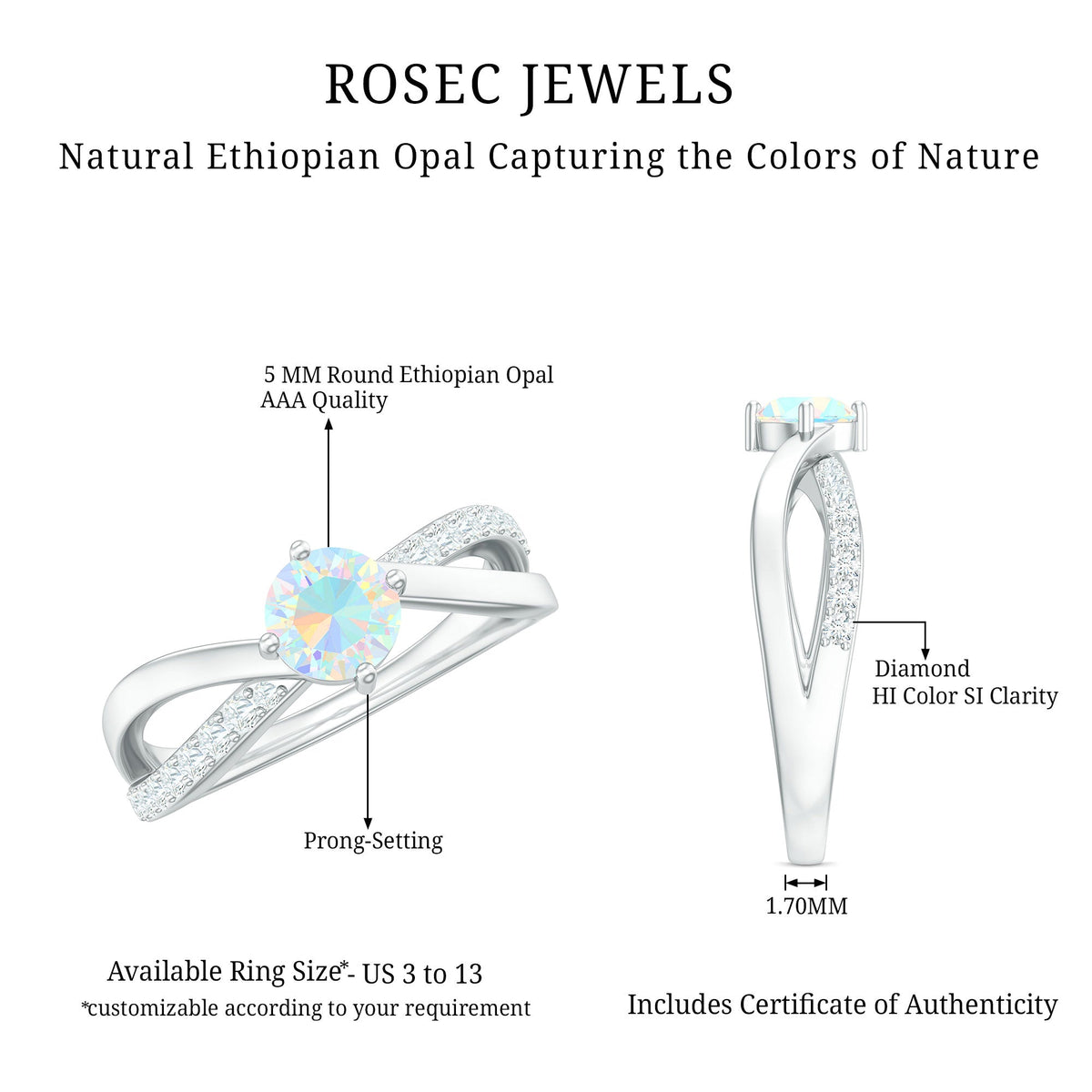 Natural Ethiopian Rainbow Opal diamond engagement ring with twisted shank, featuring vibrant colorful opal and sparkling diamonds.