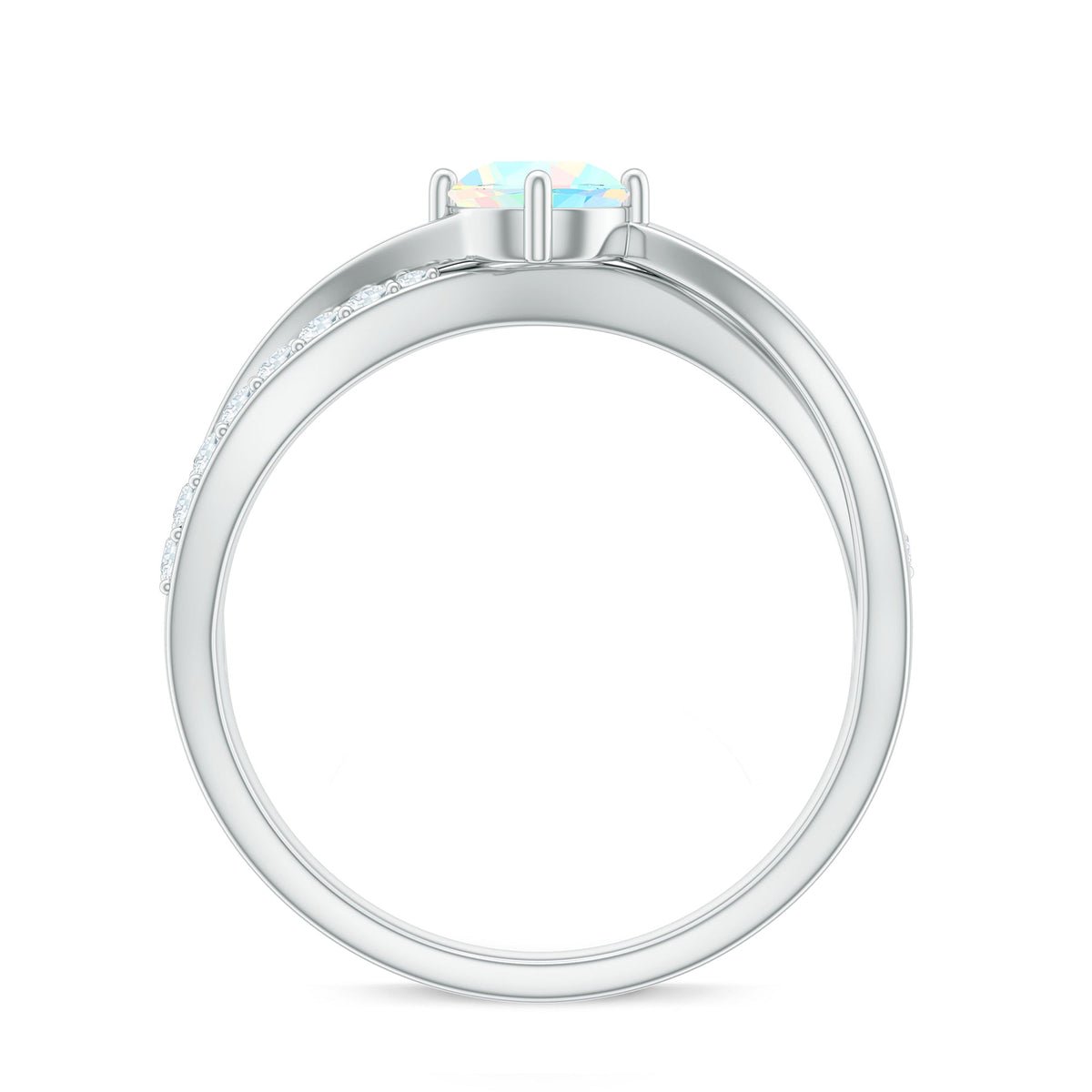 Natural Ethiopian rainbow opal diamond engagement ring with twisted shank, featuring vibrant colors and elegant design from Rosec Jewels.