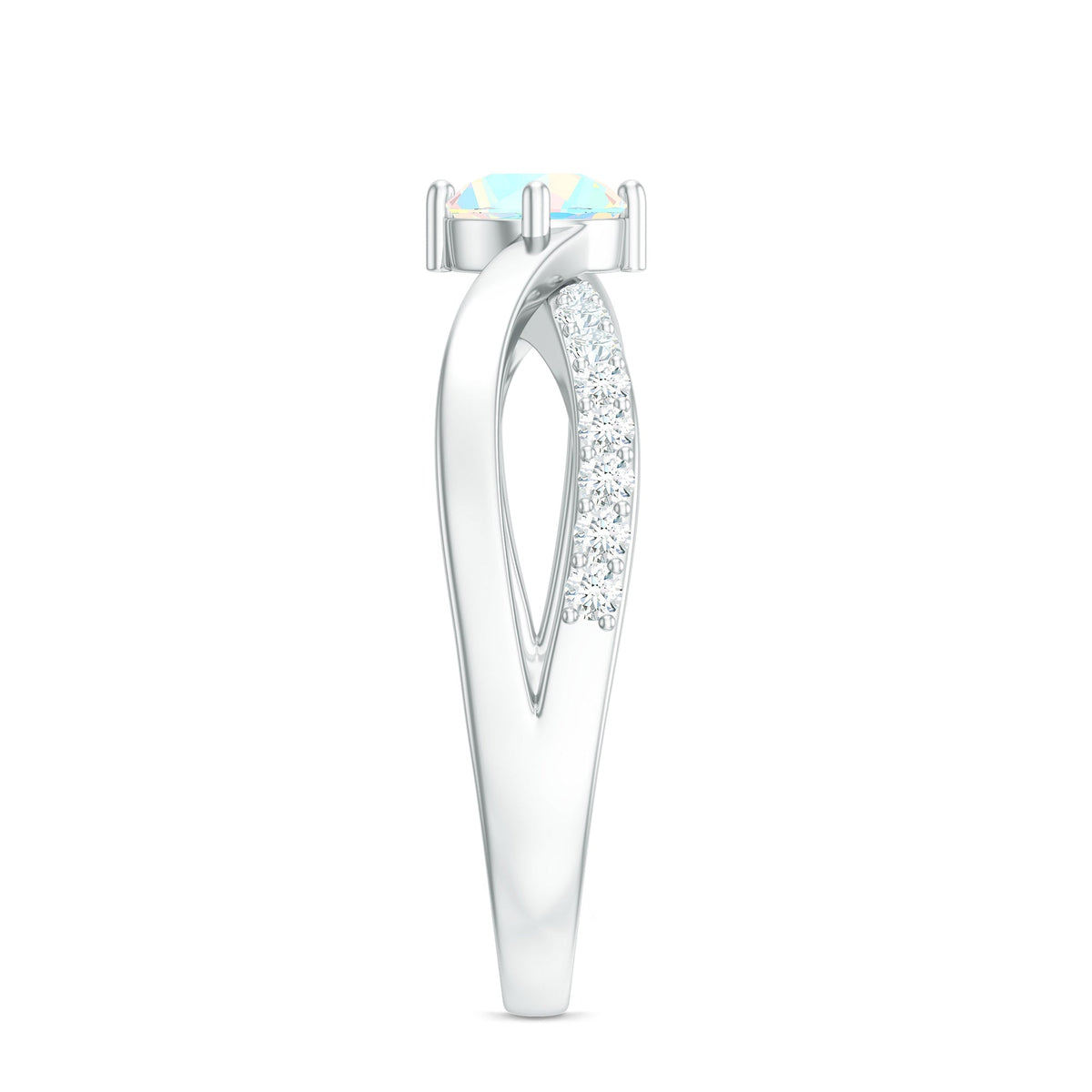 Natural Ethiopian Rainbow Opal diamond engagement ring with twisted shank, featuring vibrant rainbow hues and elegant design from Rosec Jewels.