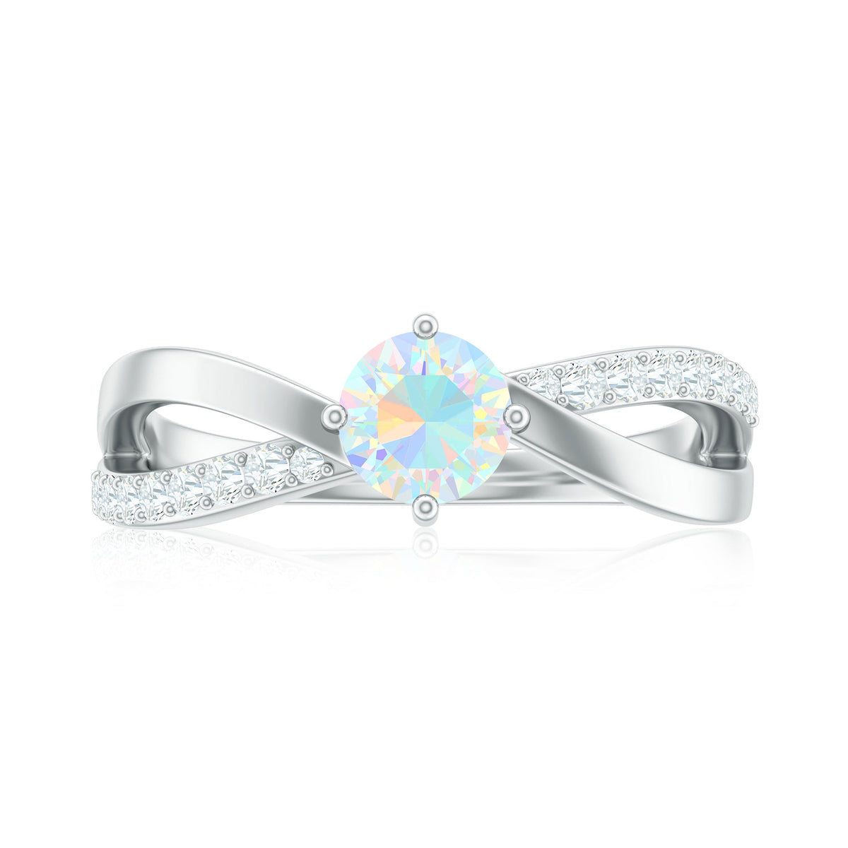 Ethiopian Rainbow Opal diamond engagement ring with twisted shank, featuring vibrant color and intricate design from Rosec Jewels.