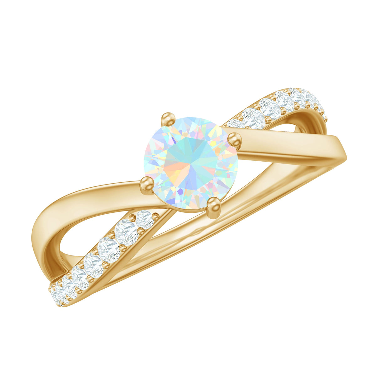Natural Ethiopian rainbow opal diamond engagement ring with twisted shank, showcasing vibrant colors and elegant design by Rosec Jewels.