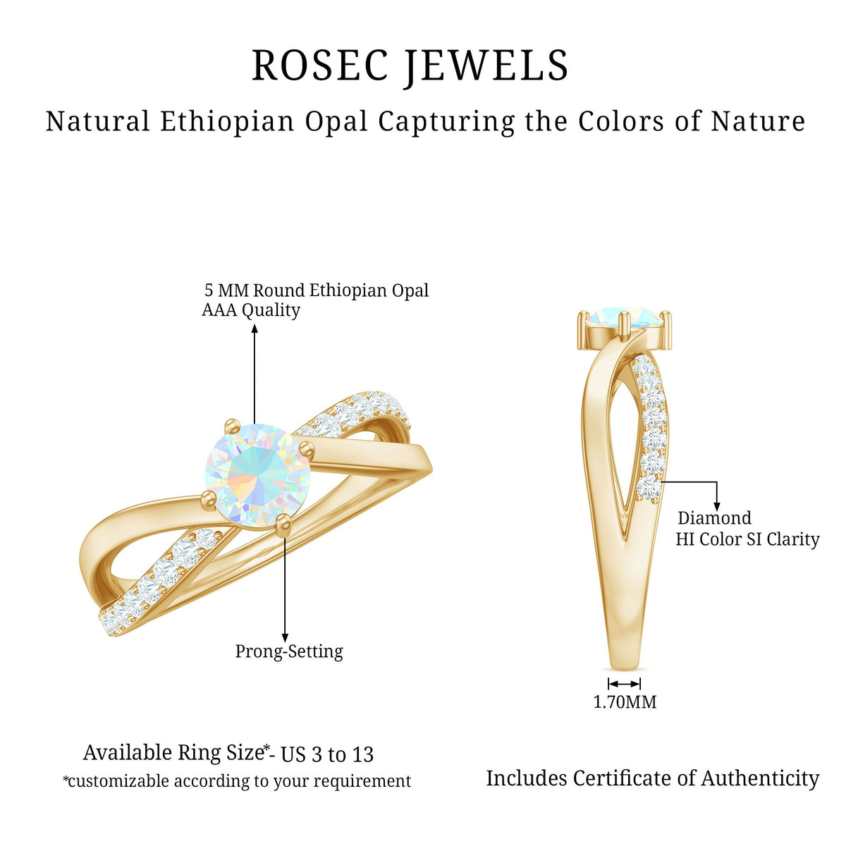 Natural Ethiopian rainbow opal diamond engagement ring with twisted shank by Rosec Jewels, featuring vibrant rainbow hues and elegant design.
