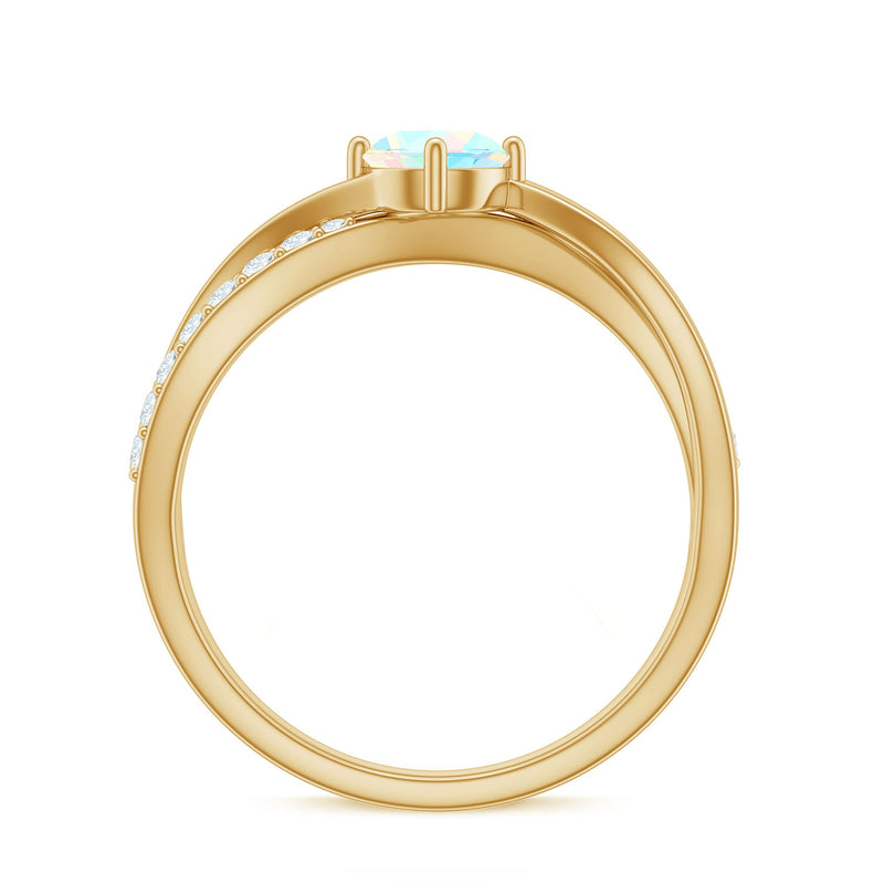 Natural Ethiopian Rainbow Opal diamond engagement ring with twisted shank, showcasing vibrant colors and elegant design by Rosec Jewels