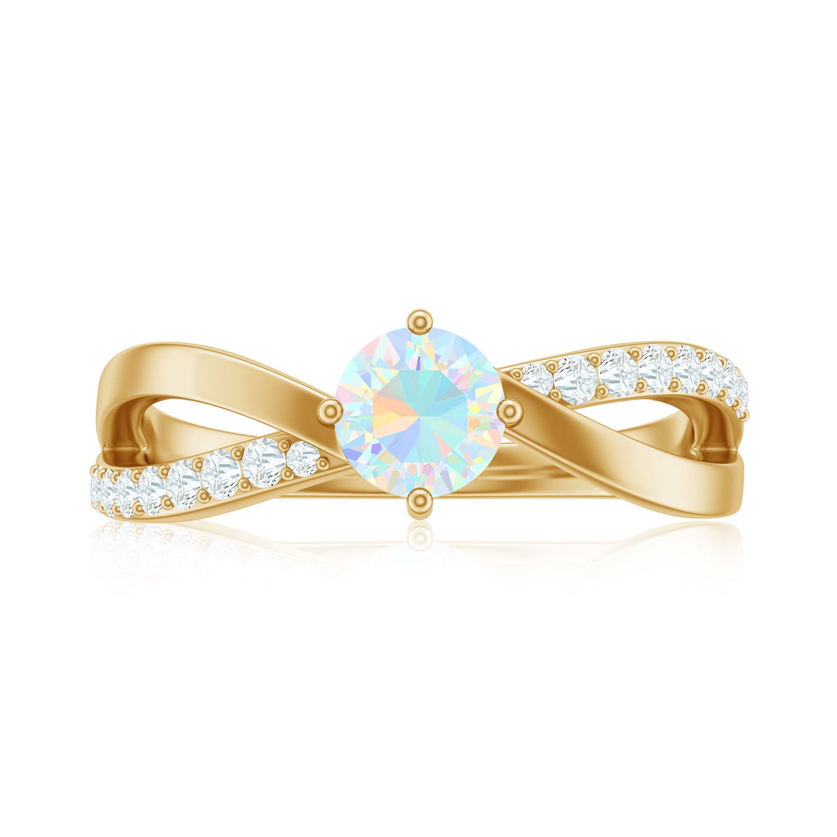 Natural Ethiopian Rainbow Opal diamond engagement ring with twisted shank from Rosec Jewels, showcasing colorful opal and sparkling diamonds.