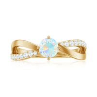 Natural Ethiopian Rainbow Opal diamond engagement ring with twisted shank from Rosec Jewels, showcasing colorful opal and sparkling diamonds.