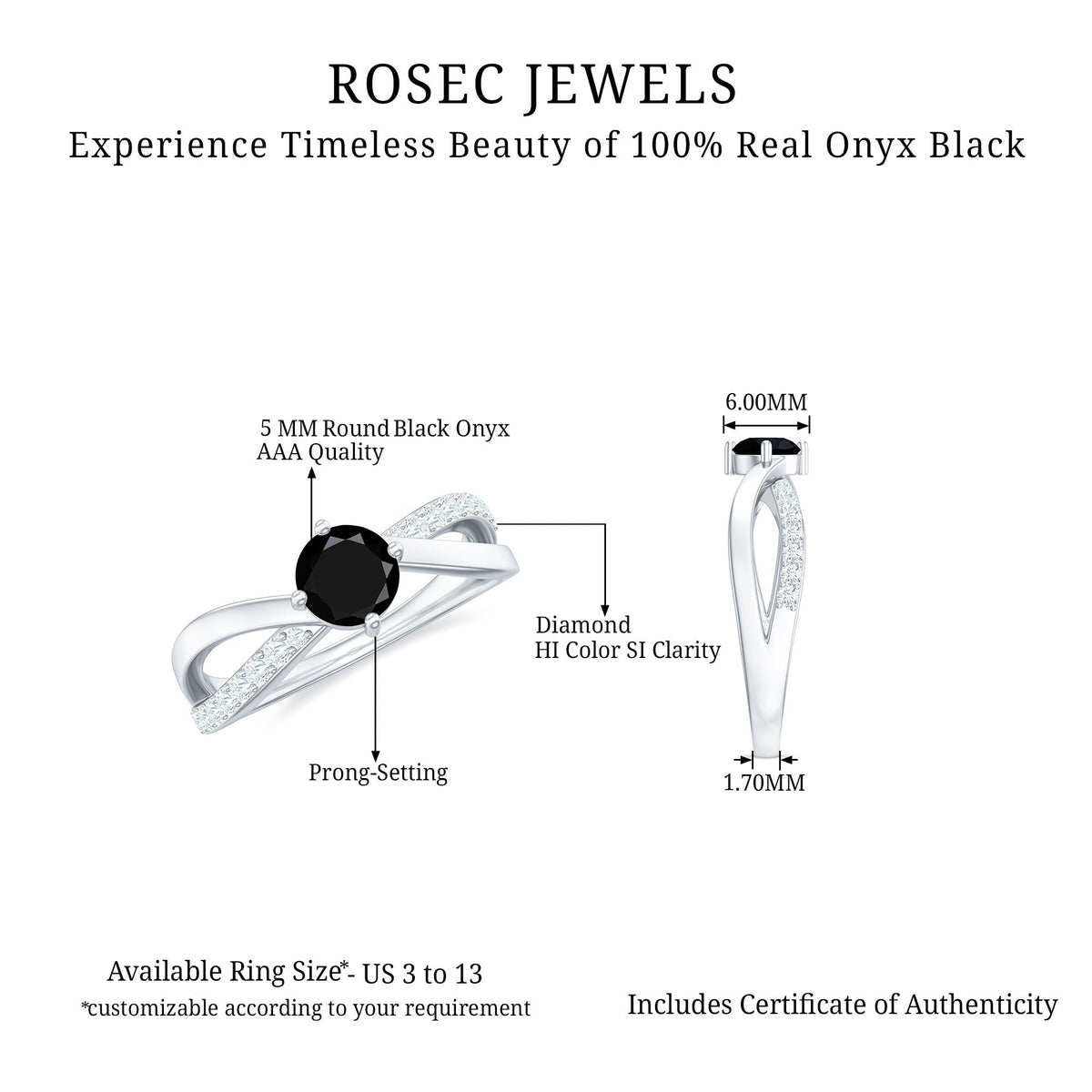 Rosec Jewels 5mm round black onyx solitaire infinity ring with diamond, showcasing a sleek black gemstone and elegant design.