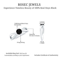 Rosec Jewels 5mm round black onyx solitaire infinity ring with diamond, showcasing a sleek black gemstone and elegant design.