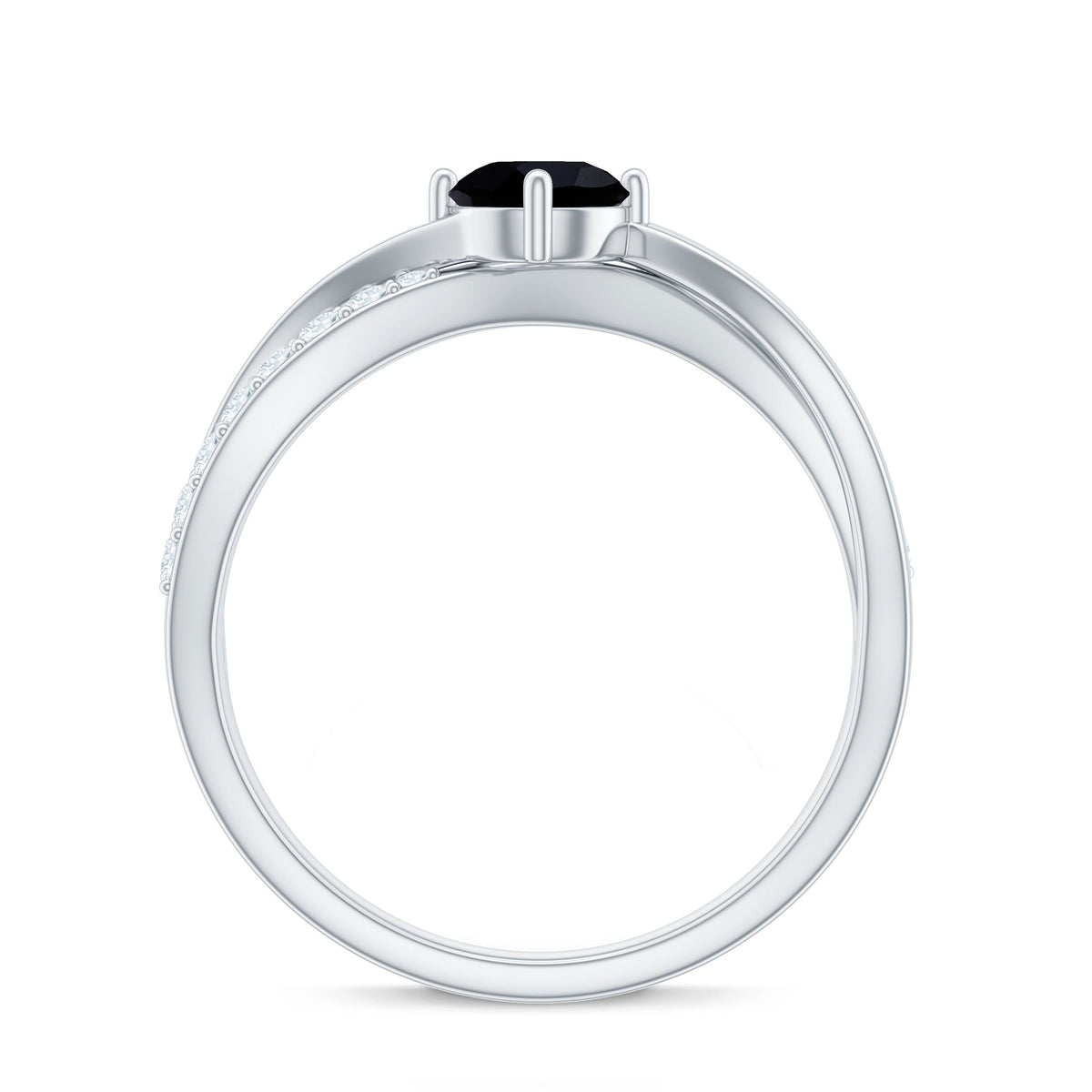 5mm round black onyx solitaire infinity ring with diamond detail, crafted by Rosec Jewels, showcased on a plain white background.