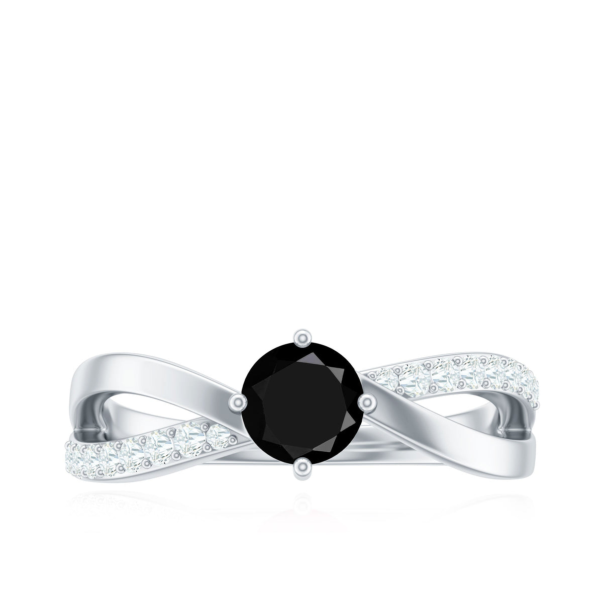 Rosec Jewels black onyx solitaire infinity ring with 5mm round black onyx and diamond accents, showcasing elegant jewelry design.