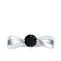 Rosec Jewels black onyx solitaire infinity ring with 5mm round black onyx and diamond accents, showcasing elegant jewelry design.