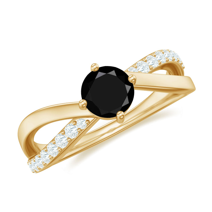 Black onyx solitaire infinity ring with diamond accents, stylish 5mm round band by Rosec Jewels, shown close-up.