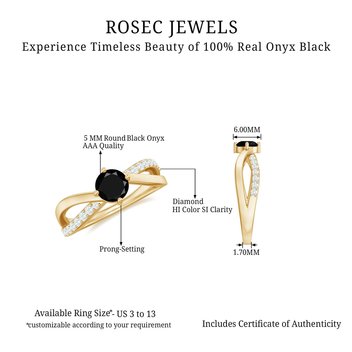 Black Onyx solitaire infinity ring with 5mm round gemstone and diamond accent, crafted by Rosec Jewels.