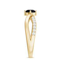 Black Onyx solitaire infinity ring with 5mm round gemstone and diamond accent, crafted by Rosec Jewels.