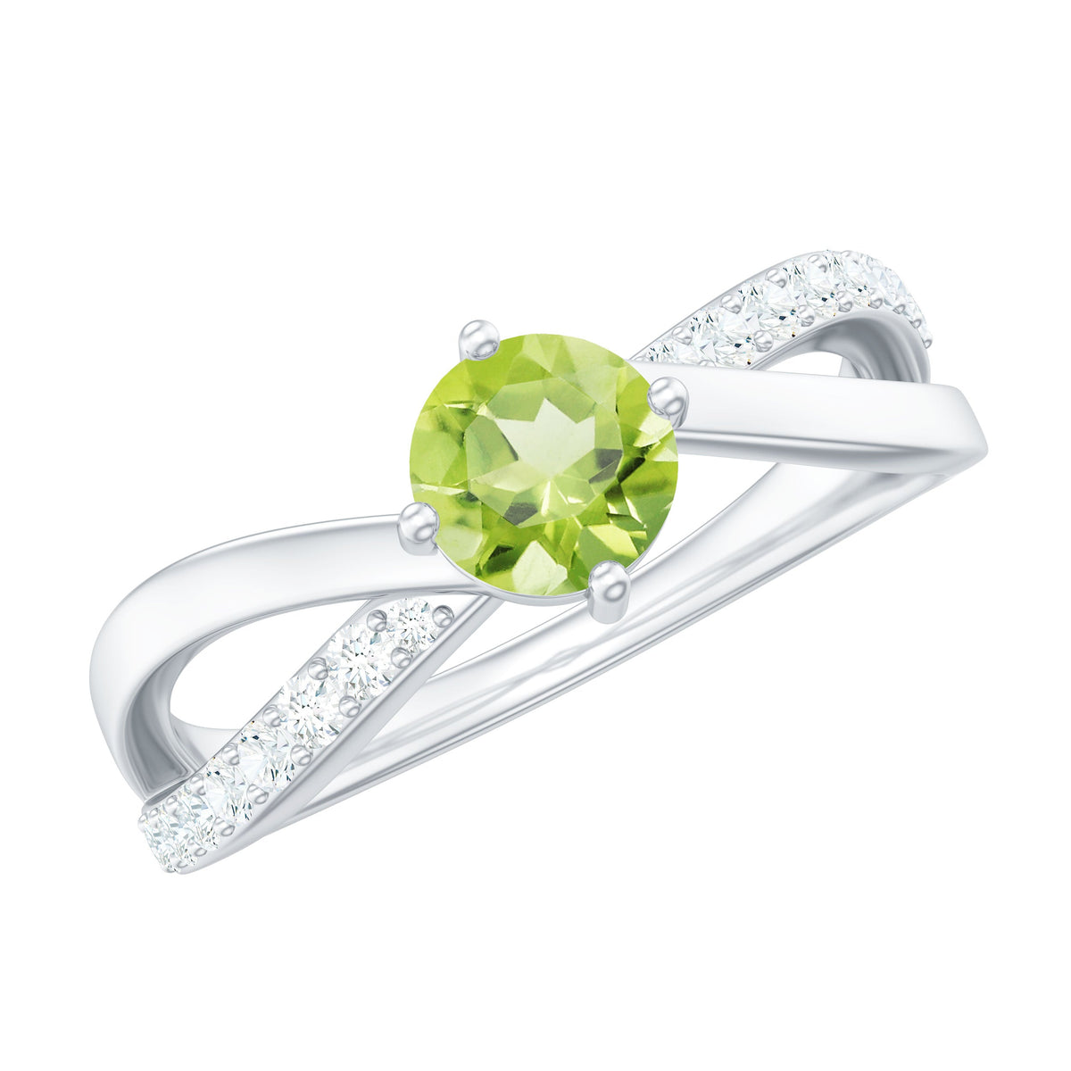 Natural 0.5 carat peridot infinity promise ring with diamonds from Rosec Jewels, showcasing a silver band with green peridot and sparkling diamonds.