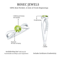 Natural 0.5 carat peridot infinity promise ring with diamond from Rosec Jewels, showcasing a sterling silver band with vibrant green stone.