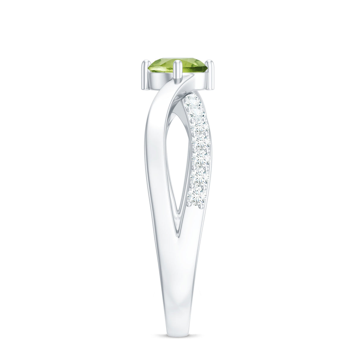 Natural 0.5 carat peridot infinity promise ring with diamond accents by Rosec Jewels, showcasing the elegant design and vibrant gemstone.