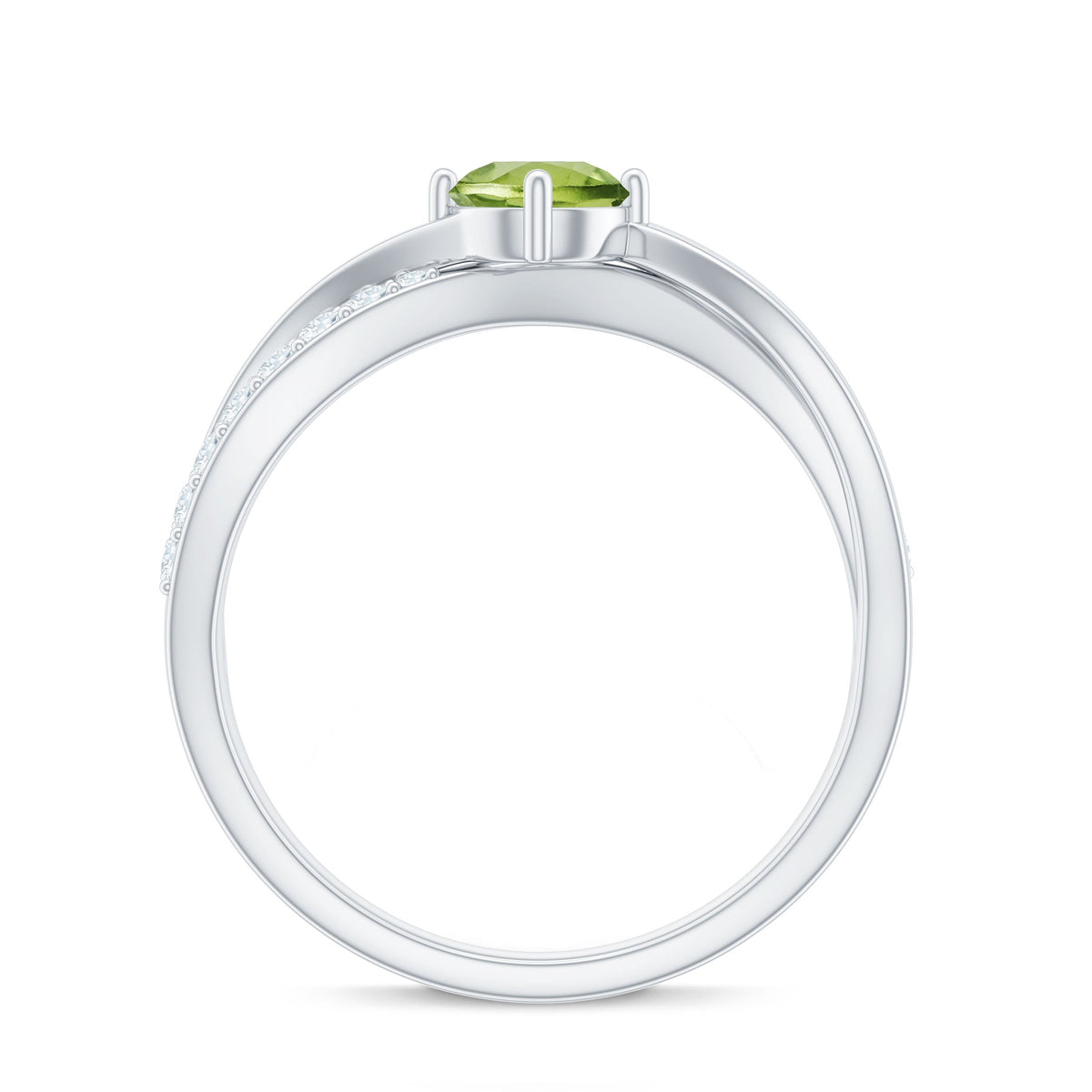 Natural 0.5 carat peridot infinity promise ring with diamonds, crafted by Rosec Jewels, featuring a silver band and intricate design.