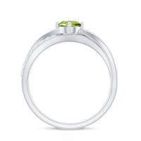 Natural 0.5 carat peridot infinity promise ring with diamonds, crafted by Rosec Jewels, featuring a silver band and intricate design.