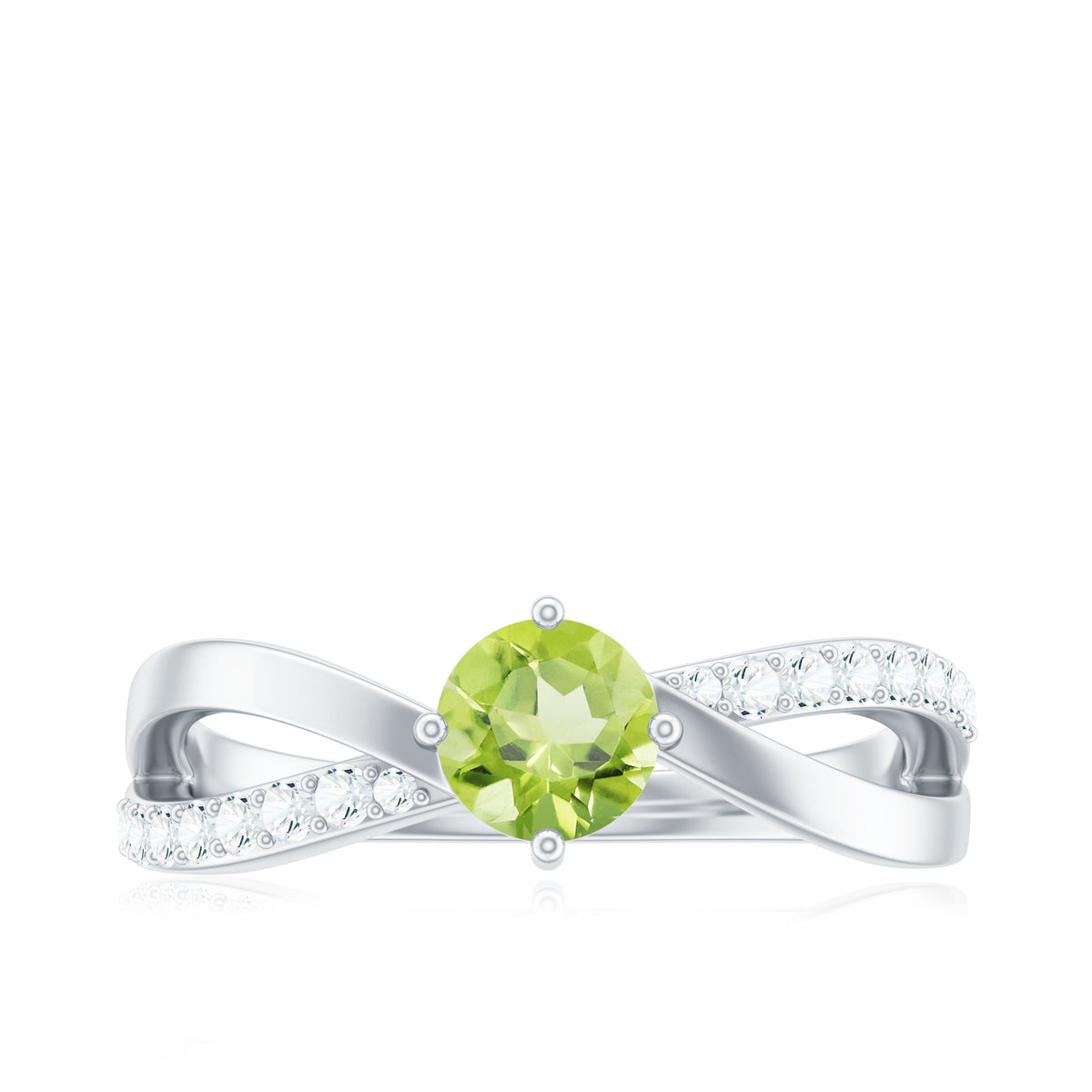 Natural 0.5 carat peridot infinity promise ring with diamond accents, crafted by Rosec Jewels, featuring a sleek gold band.