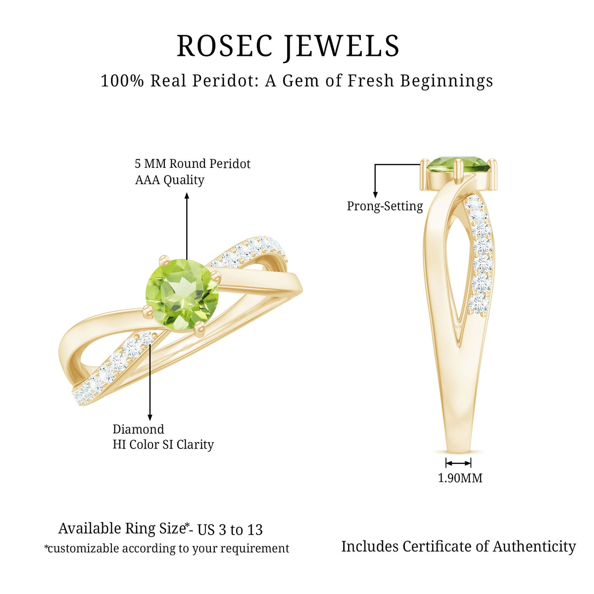 Natural 0.5 Carat Peridot infinity promise ring with diamond accents from Rosec Jewels, featuring a delicate band and vibrant green gemstone.
