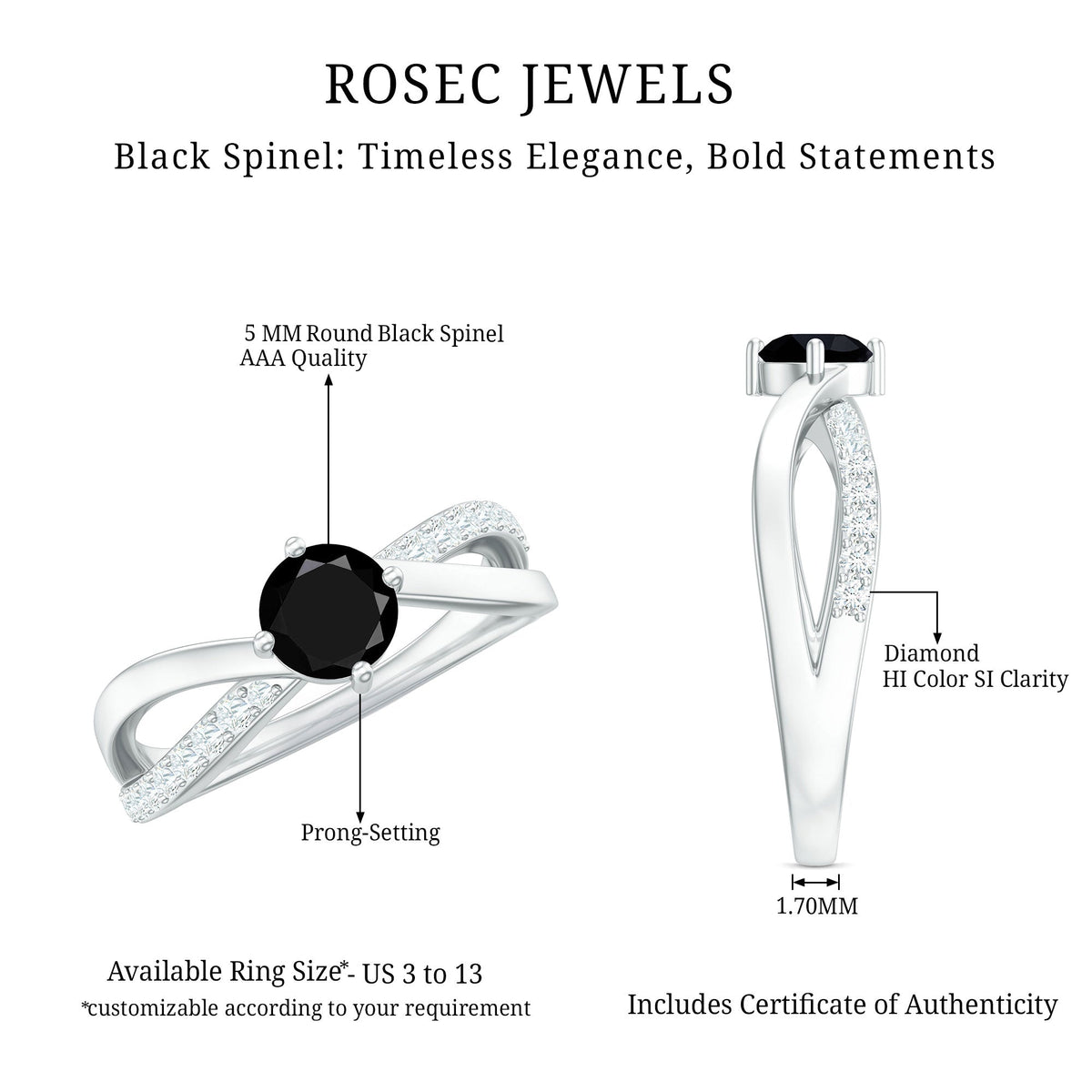 Certified black spinel promise ring with diamond accents, crafted by Rosec Jewels, featuring a sleek band and sparkling gemstones.