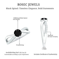 Certified black spinel promise ring with diamond accents, crafted by Rosec Jewels, featuring a sleek band and sparkling gemstones.